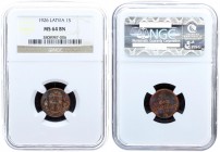 Latvia 1 Santims 1926. Averse: National arms above ribbon.Reverse: Value and date. Edge Description: Plain. Bronze. KM 1. NGC MS 64 BN