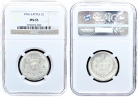 Latvia 2 Lati 1926. Averse: Arms with supporters. Reverse: Value and date within wreath. Edge Description: Milled. Silver. KM 8. NGC MS 65
