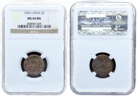 Latvia 2 Santimi 1926. Averse: National arms above ribbon.Reverse: Value and date. Edge Description: Plain. Bronze. KM 2. NGC MS 64 BN