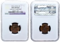 Latvia 2 Santimi 1926. Averse: National arms above ribbon.Reverse: Value and date. Edge Description: Plain. Bronze. KM 2. NGC UNC DETAILS