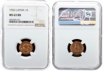 Latvia 1 Santims 1932 Averse: National arms above ribbon. Reverse: Value and date. Edge Description: Plain. Bronze. KM 1. NGC MS 63 RB