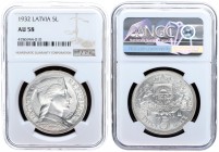 Latvia 5 Lati 1932 Averse: Crowned head right. Reverse: Arms with supporters above value. Edge Description: DIEVS *** SVETI *** LATVOJU ***. Silver. K...
