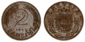 Latvia 2 Santimi 1937. Averse: National arms above sprigs. Reverse: Value flanked by sprigs above date. Edge Description: Plain Bronze. KM 11.1