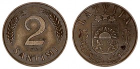 Latvia 2 Santimi 1937 Averse: National arms above sprigs. Reverse: Value flanked by sprigs above date. Edge Description: Plain. Bronze. KM 11.1