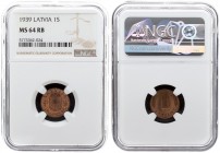 Latvia 1 Santims 1939. Averse: National arms above sprigs. Reverse: Value divides sprigs above date. Edge Description: Plain. Bronze. KM 10. NGC MS64 ...