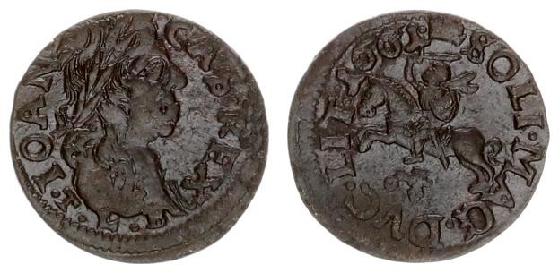 Lithuania 1 Schilling 1661 TLB Johann Casimir(1648-1668). Averse: Laureate head ...