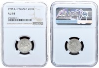 Lithuania 1 Litas 1925. Averse: National arms. Reverse: Value above oak leaves. Edge Description: Milled. Silver. KM 76. NGC AU 58