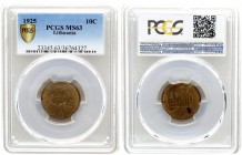 Lithuania 10 Centų 1925 Averse: National arms. Reverse: Value to right of sagging grain ears. Edge Description: Plain. Aluminum-Bronze. KM 73. PCGS MS...