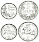 Lot of 2 Lithuanian coins - 1 Litas and 2 Litu 1925. Averse: National arms. Reverse: Value above oak leaves. Edge Description: Milled. Silver. KM 76 a...