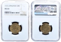 Lithuania 20 Centų 1925. Averse: National arms. Reverse: Value to right of sagging grain ears. Edge Description: Plain. Aluminum-Bronze. KM 74. NGC MS...