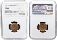 Lithuania 5 Centai 1925 Averse: National arms. Reverse: Value within circle divides stem of flowers. Edge Description: Plain. Aluminum-Bronze. KM 72. ...