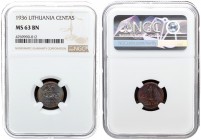 Lithuania 1 Centas 1936 Averse: National arms. Reverse: Large value with oat sprig at right. Edge Description: Plain. Bronze. KM 79. NGC MS 63 BN