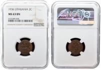 Lithuania 2 Centai 1936 Averse: National arms. Reverse: Large value divides date within wreath. Edge Description: Plain. Bronze. KM 80. NGC 63 BN