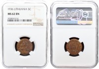 Lithuania 5 Centai 1936 Averse: National arms. Reverse: Large value within wreath date on top. Edge Description: Plain. Bronze. KM 81. NGC MS 62 BN
