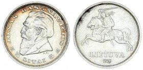 Lithuania 5 Litai 1936 Averse: National arms. Reverse: Dr. Jonas Basanavicius left. Edge Lettering: TAUTOS GEROVE TAVO GEROVE. Silver. KM 82