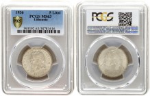 Lithuania 5 Litai 1936 Averse: National arms. Reverse: Dr. Jonas Basanavicius left. Edge Lettering: TAUTOS GEROVE TAVO GEROVSilver. KM 82. PCGS MS63
