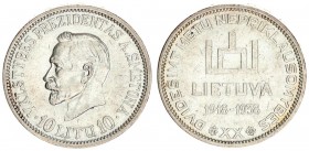 Lithuania 10 Litų 1938 20th Anniversary of Republic(1918-1938). Averse: Columns of Gediminas above LIETUVA and dates 1918-1938. Reverse: President Ant...