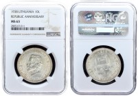 Lithuania 10 Litų 1938. 20th Anniversary of Republic(1918-1938). Averse: Columns of Gediminas above LIETUVA and dates 1918-1938. Reverse: President An...