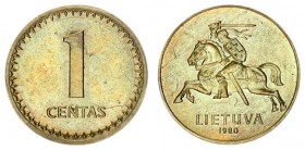 Lithuania 1 Centas 1990 PROBE coins. The Knight on obverse. Denomination on reverse. Plain edge. O. Lietuva / 1990. R. 1 / Centas. Coins of the Second...