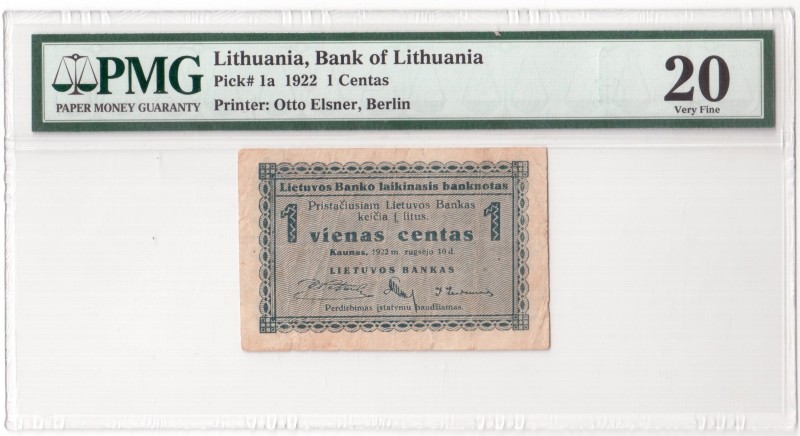 Lithuania 1 Centas 1922 in Plastic. Banknote 1 Centas 1922 September 10. Lithuan...