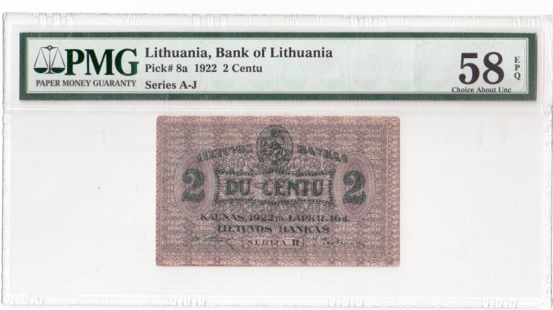 Lithuania 2 Centu 1922 Series H in Plastic. November 1922 issue P #8a. 1922-11-1...