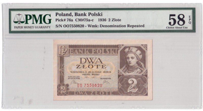 Poland 2 Zlote 26.2.1936 Banknote Serie 007550820 P. 76a; CM 75a-c. PMG 58 Choic...