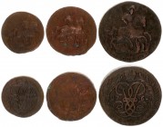 Russia 1 Denga 1760 & 1 Kopeck 1760 & 2 Kopecks 1761 Averse: Crowned monogram divides date within wreath. Reverse: St. George on horse slaying dragon....