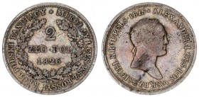 Russia 2 Zlote 1826 IB Warszaw For Poland. Nicholas I (1826-1855). Av .: In the oak wreath denomination and date 2 / ZLO POL / 1826 in the weave of th...