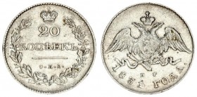 Russia 20 Kopecks 1831 СПБ НГ. Nicholas I (1826-1855). Averse: Crowned double imperial eagle. Reverse: Crown above value within wreath. Digit "2" is c...