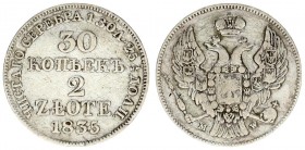 Russia 30 Kopecks 2 Zlotych 1835 MW. Nicholas I (1826-1855). Averse: Shield within wreath on breast 3 shields on wings. Reverse: Value date. Silver. E...
