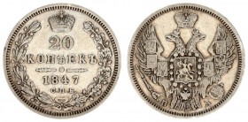 Russia 20 Kopecks 1847 СПБ ПА. Nicholas I (1826-1855). Averse: Crowned double imperial eagle. Reverse: Crown above value within wreath. Silver. Edge d...