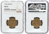 Russia USSR 5 Kopecks 1939 Averse: National arms. Reverse: Value and date within oat sprigs. Edge Description: Reeded. Aluminum-Bronze. Y 108. NGC MS ...