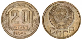 Russia USSR 20 Kopecks 1942. Averse: National arms. Reverse: Value within octagon flanked by sprigs with date below. Edge Description: Reeded. Copper-...