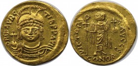 AV Solidus 582 - 602 n. Chr 
Byzantinische Münzen. Mauricius Tiberius (582-602 n. Chr). AV Solidus, Theoupolis (Antiochia), 6. Offizin, Gepanzerte Bü...
