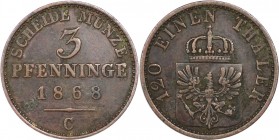 3 Pfennig 1868 C
Altdeutsche Münzen und Medaillen, BRANDENBURG IN PREUSSEN. Wilhelm I. (1861-1888). 3 Pfennig 1868 C, Kupfer. KM 482. Sehr Schön-Vorz...
