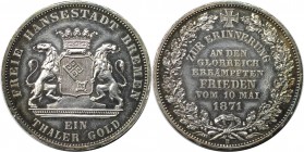 Siegestaler 1871 B
Altdeutsche Münzen und Medaillen, BREMEN - STADT. Siegestaler 1871 B, Silber. AKS 17. Fast Stempelglanz