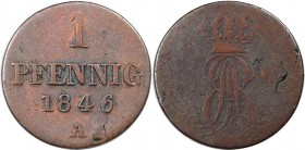 1 Pfennig 1846 A
Altdeutsche Münzen und Medaillen, HANNOVER. Ernst August (1837-1851). 1 Pfennig 1846 A, Kupfer. AKS 130, Jaeger 74. Sehr Schön