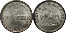 1/2 Groschen 1858 B
Altdeutsche Münzen und Medaillen, HANNOVER. Georg V. (1851-1866). 1/2 Groschen 1858 B, Silber. KM #235. AKS 151. Stempelglanz