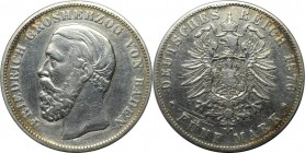 5 Mark 1876 G
Deutsche Münzen und Medaillen ab 1871, REICHSSILBERMÜNZEN, Baden. Friedrich I. (1856-1907). 5 Mark 1876 G, Silber. Jaeger 27. Schön. Kr...