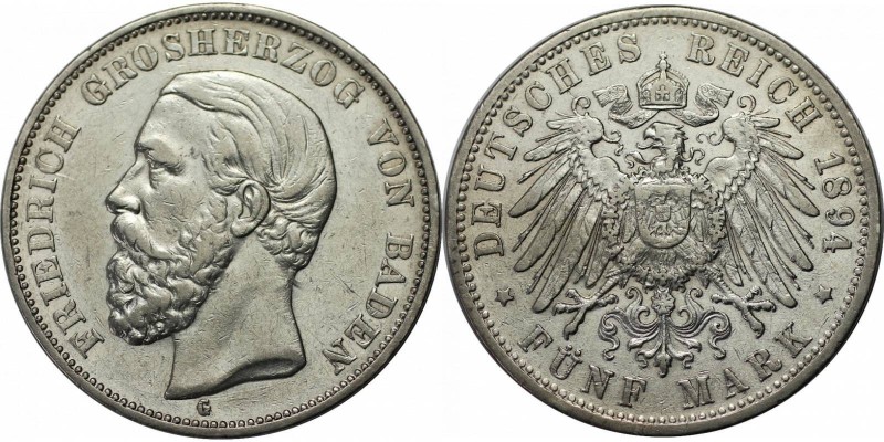 5 Mark 1894 G
Deutsche Münzen und Medaillen ab 1871, REICHSSILBERMÜNZEN, Baden....