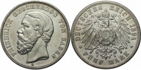 5 Mark 1894 G
Deutsche Münzen und Medaillen ab 1871, REICHSSILBERMÜNZEN, Baden. Friedrich I (1856-1907). 5 Mark 1894 G, Silber. Jaeger 29. gutes Sehr...