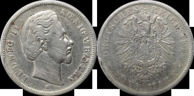 5 Mark 1875 D
Deutsche Münzen und Medaillen ab 1871, REICHSSILBERMÜNZEN, Bayern, Ludwig II. (1864-1886). 5 Mark 1875 D, Silber. Jaeger 42. Schön