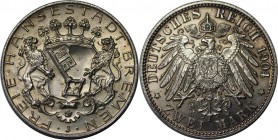 2 Mark 1904 J
Deutsche Münzen und Medaillen ab 1871, REICHSSILBERMÜNZEN, Bremen. 2 Mark 1904 J, Silber. Jaeger 59, AKS 19. Stempelglanz