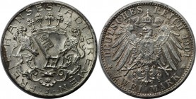 2 Mark 1904 J
Deutsche Münzen und Medaillen ab 1871, REICHSSILBERMÜNZEN, Bremen. 2 Mark 1904 J, Silber. Jaeger 59, AKS 19. Stempelglanz