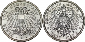 3 Mark 1910 A
Deutsche Münzen und Medaillen ab 1871, REICHSSILBERMÜNZEN, Lübeck. 3 Mark 1910 A. Jaeger 82. Vorzüglich-stempelglanz