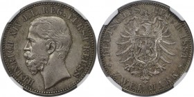 2 Mark 1884 A
Deutsche Münzen und Medaillen ab 1871, REICHSSILBERMÜNZEN. Reuß. Jungere Linie. Heinrich XIV. (1867-1913). 2 Mark 1884 A, Silber. Jaege...
