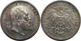 3 Mark 1909 F
Deutsche Münzen und Medaillen ab 1871, REICHSSILBERMÜNZEN, Württemberg, Wilhelm II. (1891-1918). 3 Mark 1909 F, Silber. Jaeger 175. Seh...