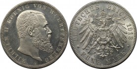 5 Mark 1913 F
Deutsche Münzen und Medaillen ab 1871, REICHSSILBERMÜNZEN, Württemberg. Wilhelm II. (1891-1918). 5 Mark 1913 F. Silber. Jaeger 176. Vor...