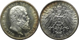 3 Mark 1914 F
Deutsche Münzen und Medaillen ab 1871, REICHSSILBERMÜNZEN, Württemberg. Wilhelm II. (1891-1918). 3 Mark 1914 F, Silber. Jaeger 175. Vor...