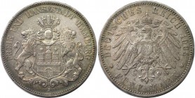 5 Mark 1903 J
Deutsche Münzen und Medaillen ab 1871, REICHSSILBERMÜNZEN, Hamburg. 5 Mark 1903 J, Silber. KM 610. Jaeger 65. Sehr schön-vorzüglich, fe...